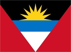 [ai] The national flag of Antigua and Barbuda featuring a red triangle on the left and right sides, a blue horizontal stripe in the center, white triangle below, and a rising sun with 7 rays above.
